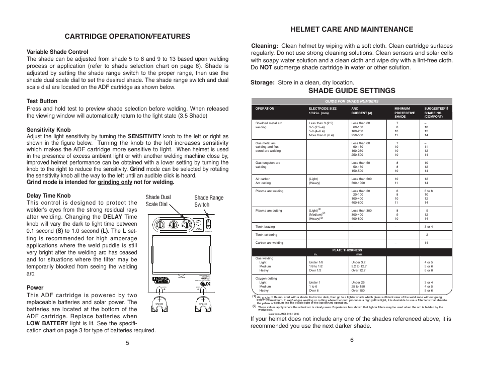 Cartridge operation/features, Battery low, Helmet care and maintenance | Shade guide settings, Shade dual scale dial shade range switch | Lincoln Electric IM10166 VIKING 2450 SERIES AUTO-DARKENING HELMETS User Manual | Page 8 / 12