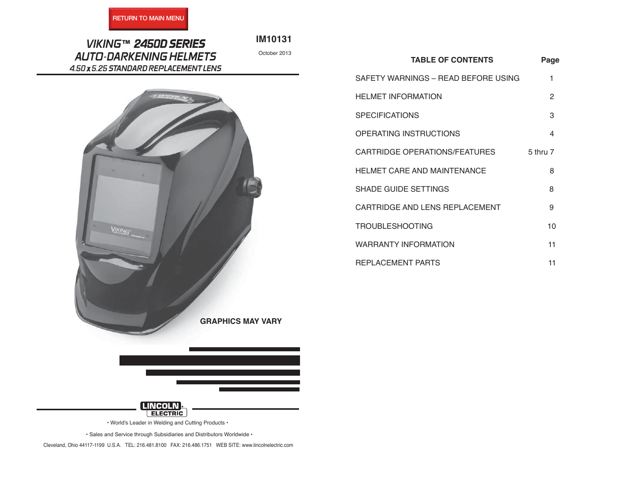 Lincoln Electric IM10131 VIKING 2450D SERIES AUTO-DARKENING HELMETS User Manual | 14 pages