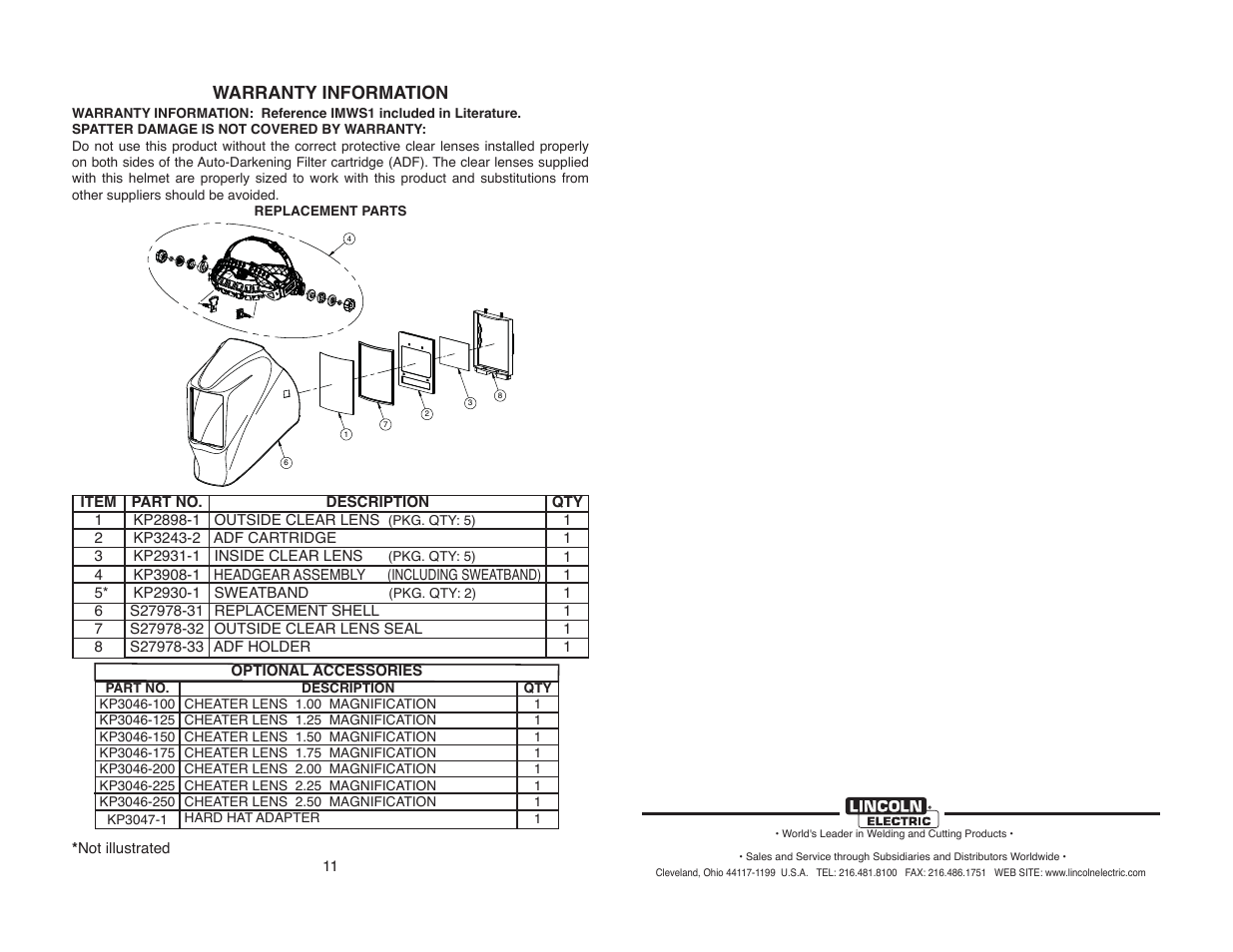 Warranty information | Lincoln Electric IM10131 VIKING 2450D SERIES AUTO-DARKENING HELMETS User Manual | Page 14 / 14