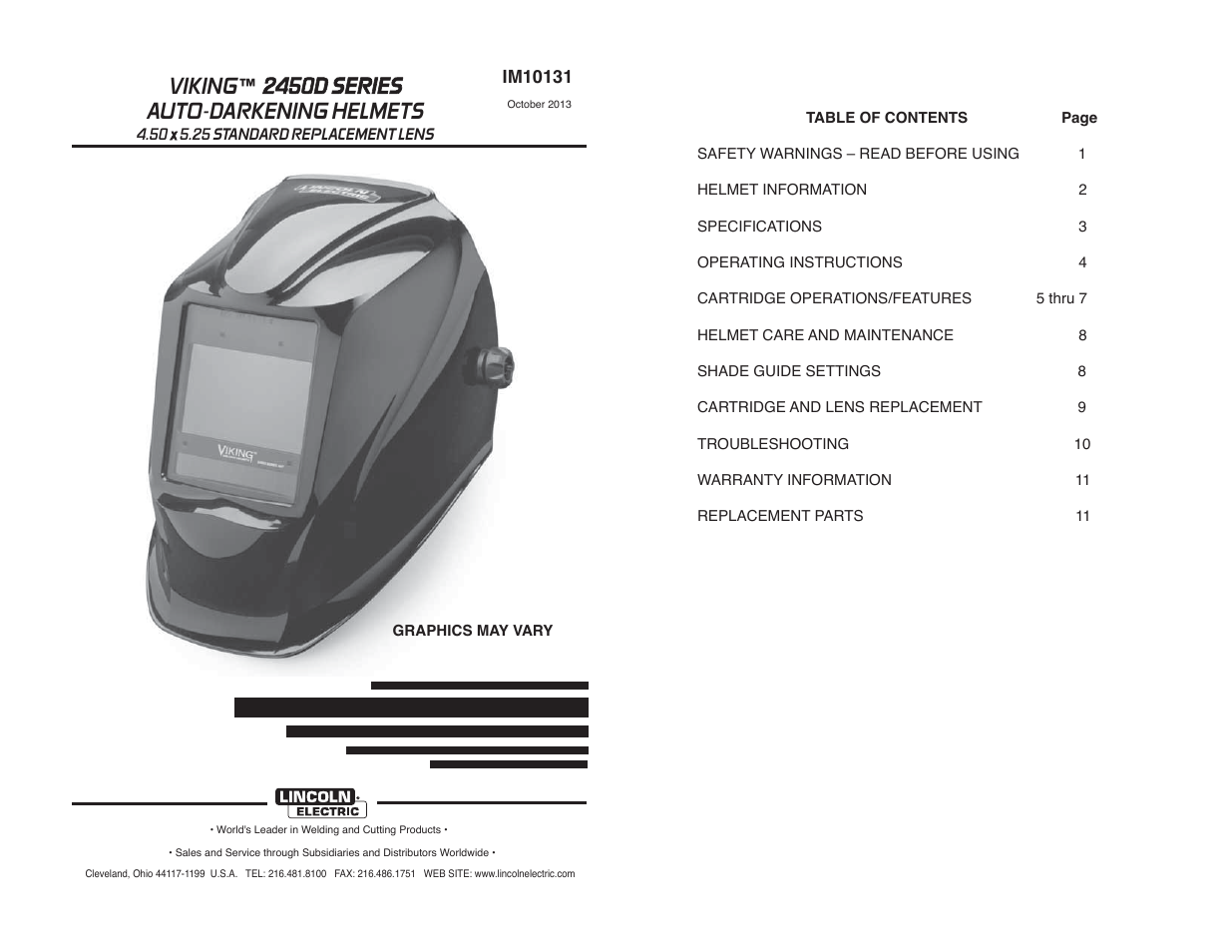 Viking ™ 2450d series auto-darkening helmets | Lincoln Electric IM10131 VIKING 2450D SERIES AUTO-DARKENING HELMETS User Manual | Page 2 / 14