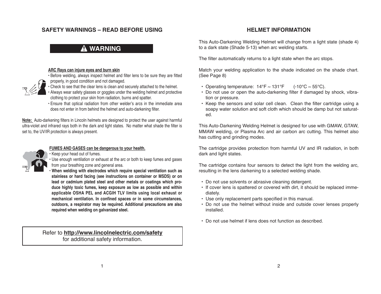 Warning | Lincoln Electric IM10131 VIKING 2450D SERIES AUTO-DARKENING HELMETS User Manual | Page 3 / 14