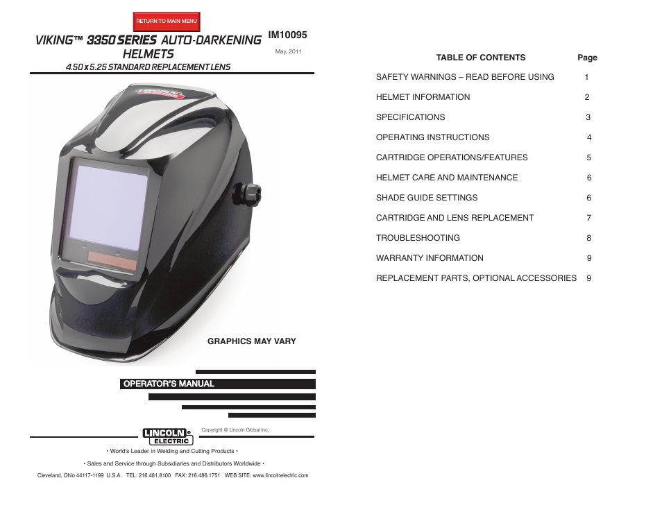 Lincoln Electric IM10095 VIKING 3350 SERIES AUTO-DARKENING HELMETS User Manual | 12 pages