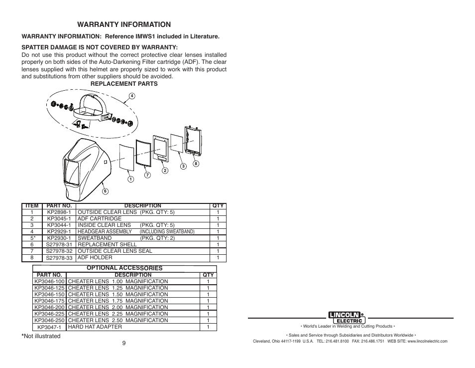 Warranty information | Lincoln Electric IM10095 VIKING 3350 SERIES AUTO-DARKENING HELMETS User Manual | Page 11 / 12