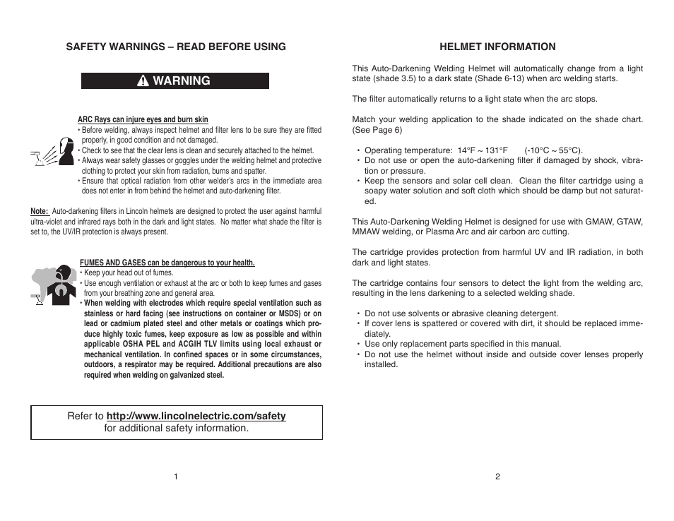 Warning | Lincoln Electric IM10095 VIKING 3350 SERIES AUTO-DARKENING HELMETS User Manual | Page 3 / 12