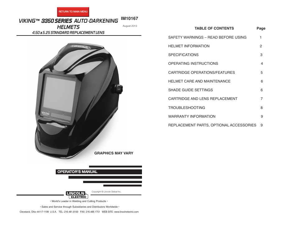 Lincoln Electric IM10167 VIKING 3350 SERIES AUTO-DARKENING HELMETS User Manual | 12 pages