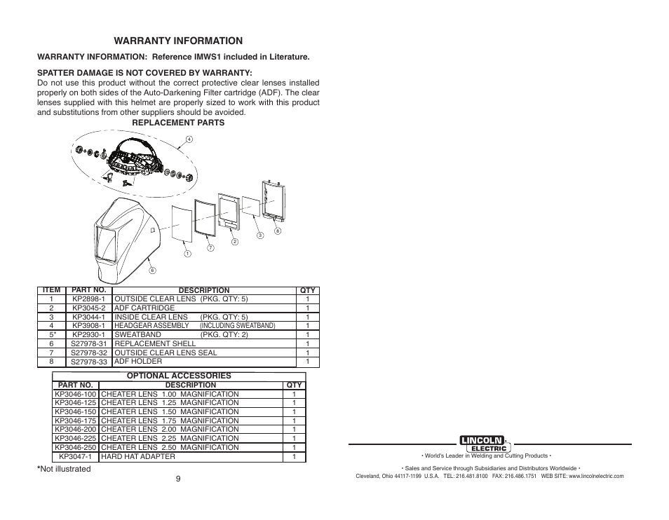 Warranty information | Lincoln Electric IM10167 VIKING 3350 SERIES AUTO-DARKENING HELMETS User Manual | Page 11 / 12