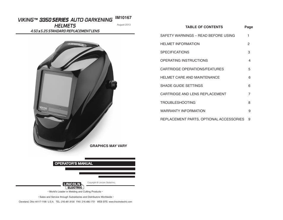 Viking ™ 3350 series auto-darkening helmets | Lincoln Electric IM10167 VIKING 3350 SERIES AUTO-DARKENING HELMETS User Manual | Page 2 / 12