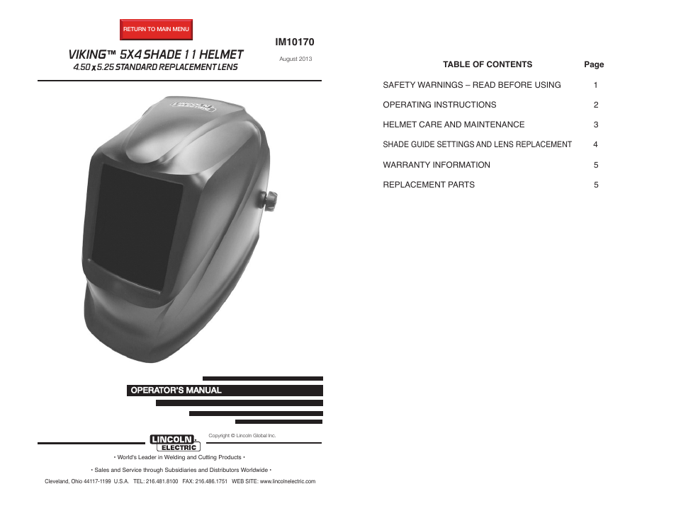 Lincoln Electric IM10170 VIKING 5X4 SHADE 11 HELMET User Manual | 8 pages