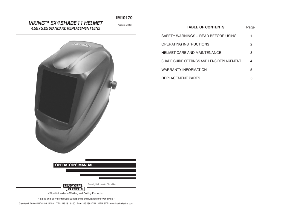 Viking ™ 5x4 shade 11 helmet | Lincoln Electric IM10170 VIKING 5X4 SHADE 11 HELMET User Manual | Page 2 / 8