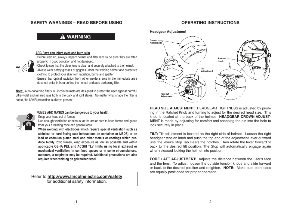 Warning | Lincoln Electric IM10170 VIKING 5X4 SHADE 11 HELMET User Manual | Page 4 / 8