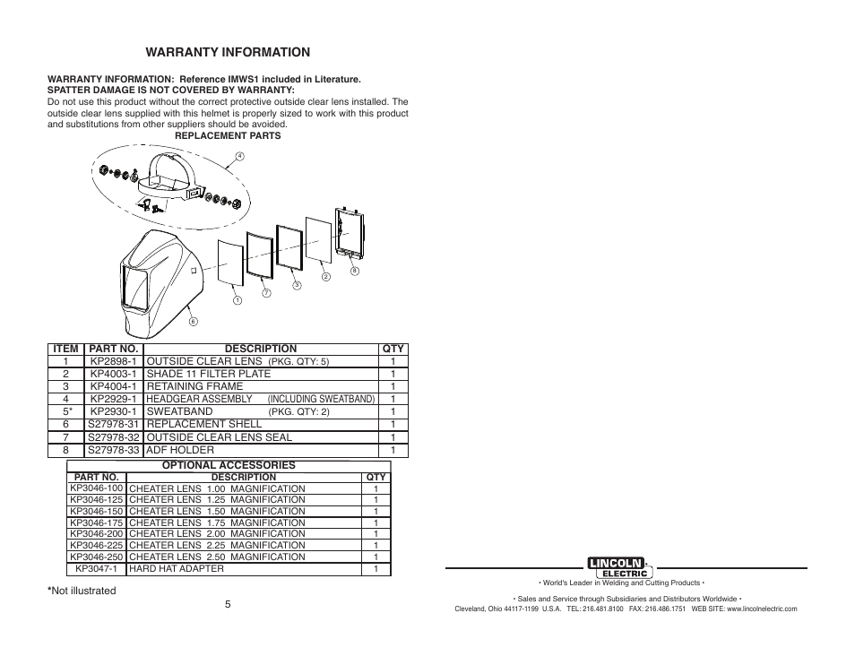 Warranty information | Lincoln Electric IM10170 VIKING 5X4 SHADE 11 HELMET User Manual | Page 7 / 8