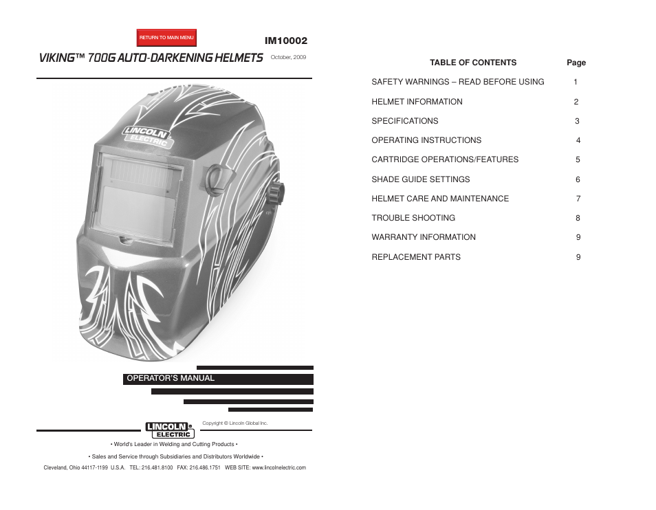 Lincoln Electric IM10002 VIKING 700G AUTO-DARKENING HELMETS User Manual | 12 pages