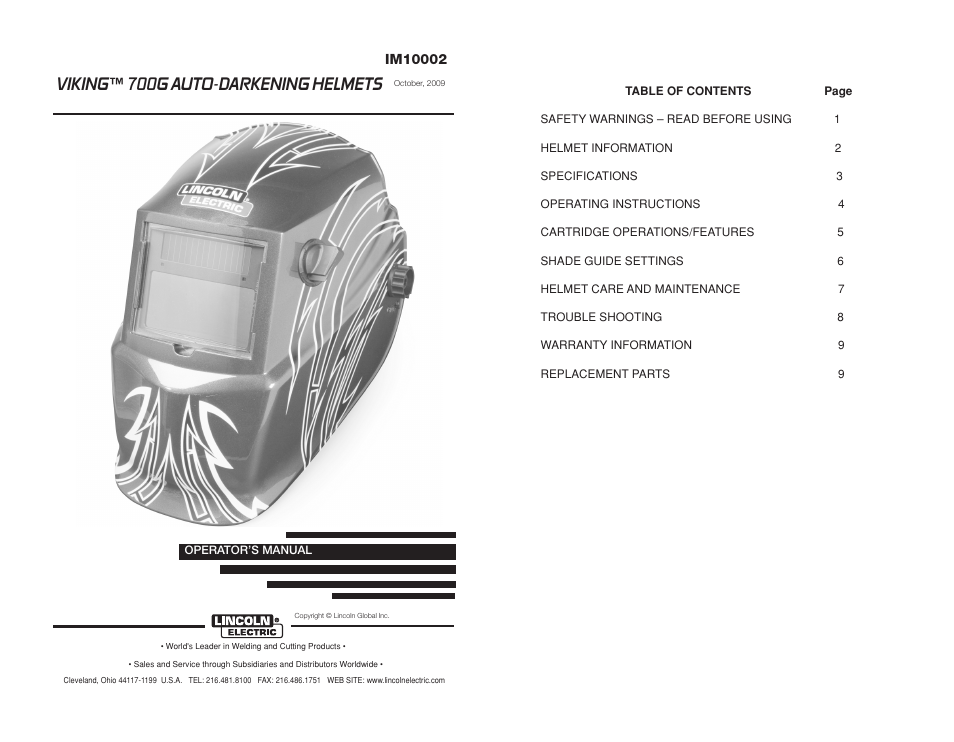 Viking ™ 700g auto-darkening helmets | Lincoln Electric IM10002 VIKING 700G AUTO-DARKENING HELMETS User Manual | Page 2 / 12