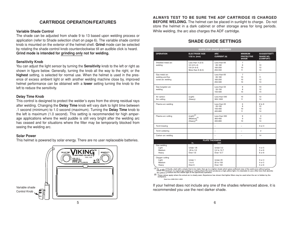 Cartridge operation/features, Shade guide settings | Lincoln Electric IM10002 VIKING 700G AUTO-DARKENING HELMETS User Manual | Page 7 / 12