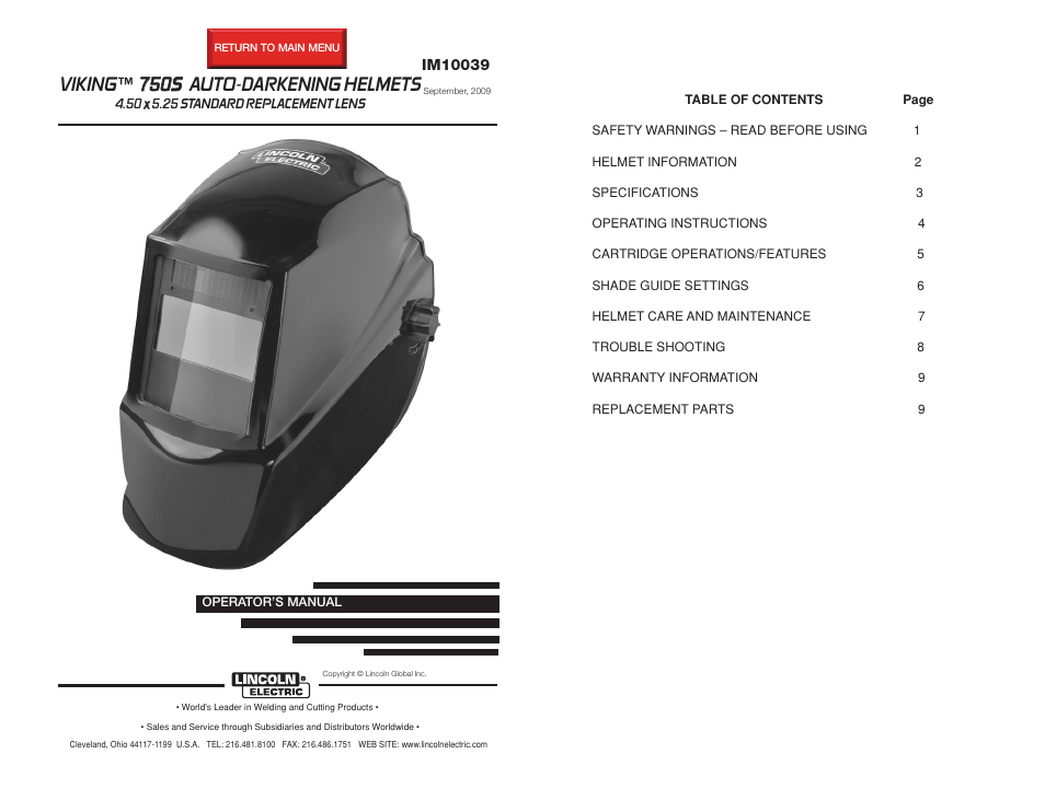 Lincoln Electric IM10039 VIKING 750S AUTO-DARKENING HELMETS User Manual | 12 pages