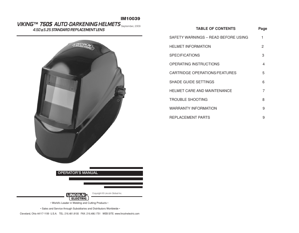 Lincoln Electric IM10039 VIKING 750S AUTO-DARKENING HELMETS User Manual | Page 2 / 12