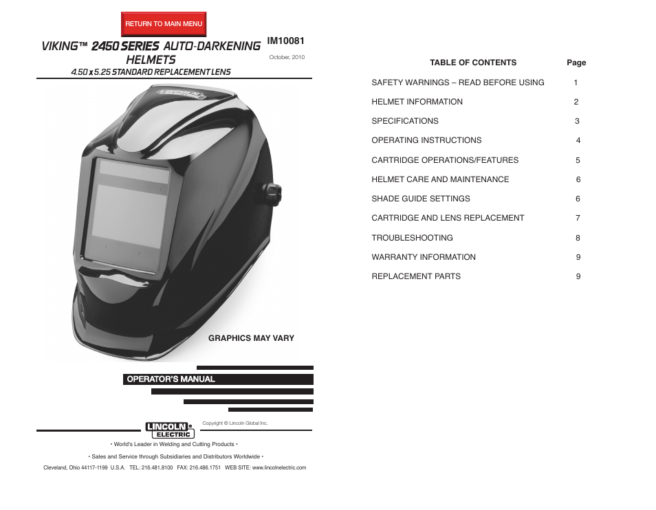 Lincoln Electric IM10081 VIKING 2450 SERIES AUTO-DARKENING HELMETS User Manual | 12 pages