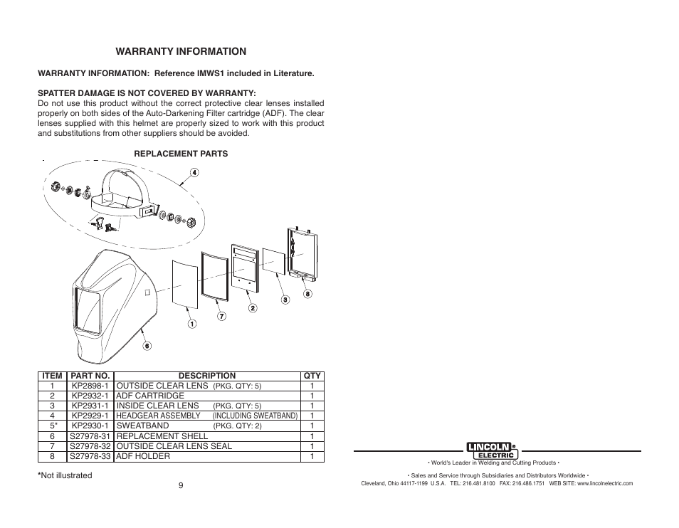 Lincoln Electric IM10081 VIKING 2450 SERIES AUTO-DARKENING HELMETS User Manual | Page 11 / 12