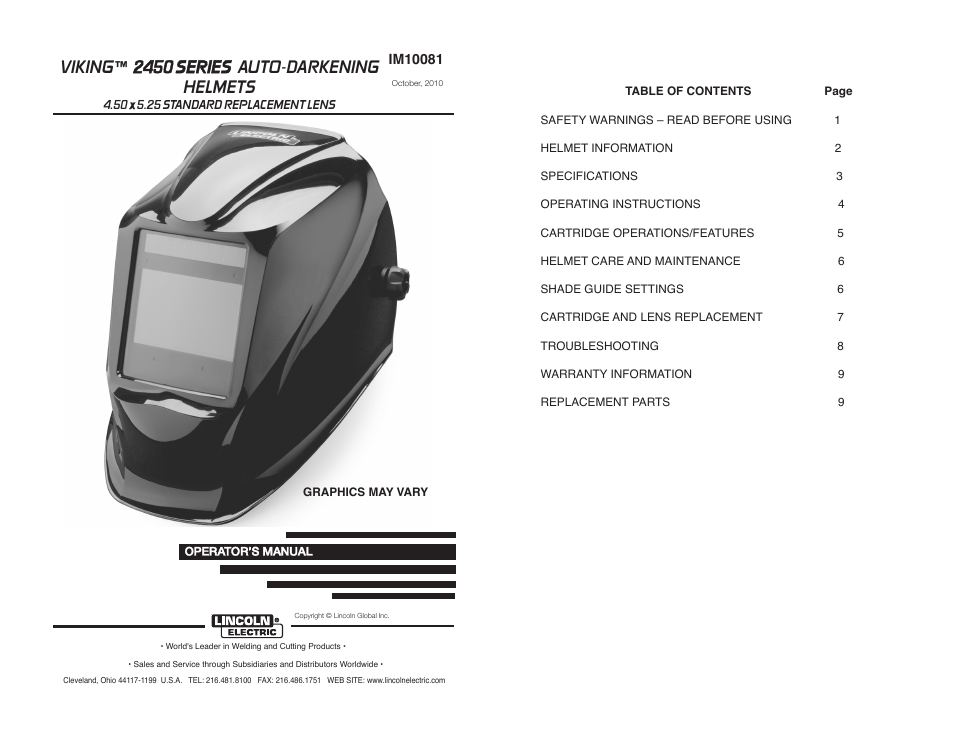 Viking ™ 2450 series auto-darkening helmets | Lincoln Electric IM10081 VIKING 2450 SERIES AUTO-DARKENING HELMETS User Manual | Page 2 / 12