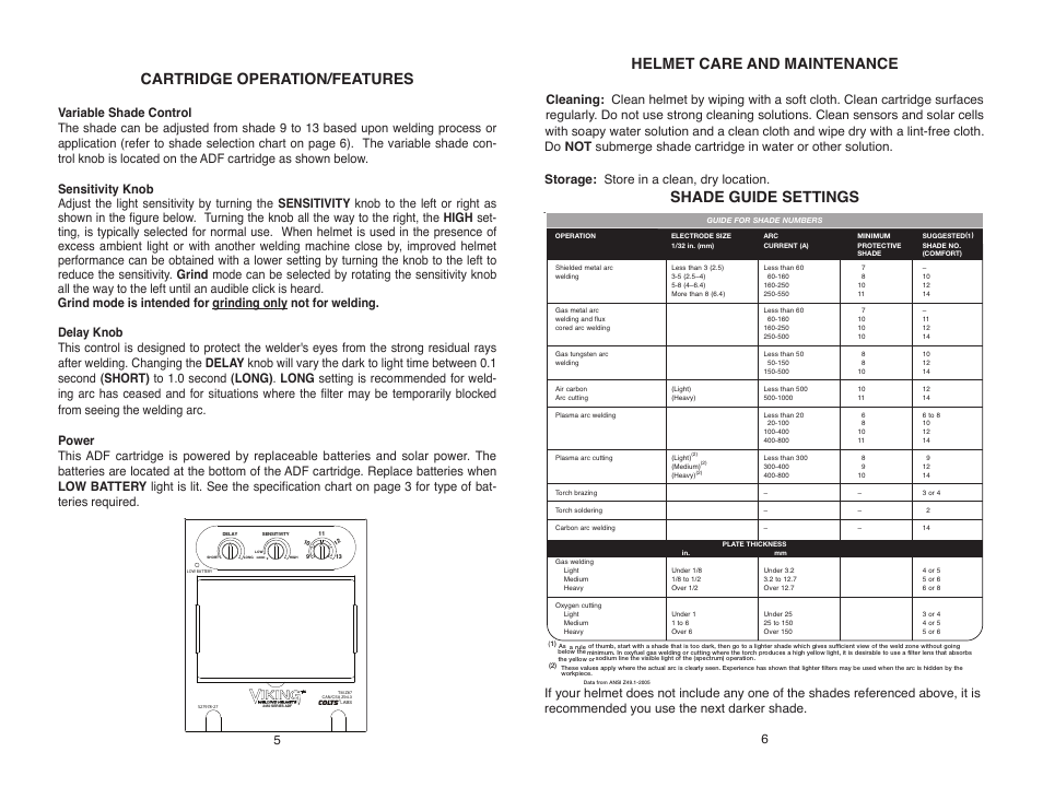 Cartridge operation/features, Helmet care and maintenance, Shade guide settings | Lincoln Electric IM10081 VIKING 2450 SERIES AUTO-DARKENING HELMETS User Manual | Page 7 / 12