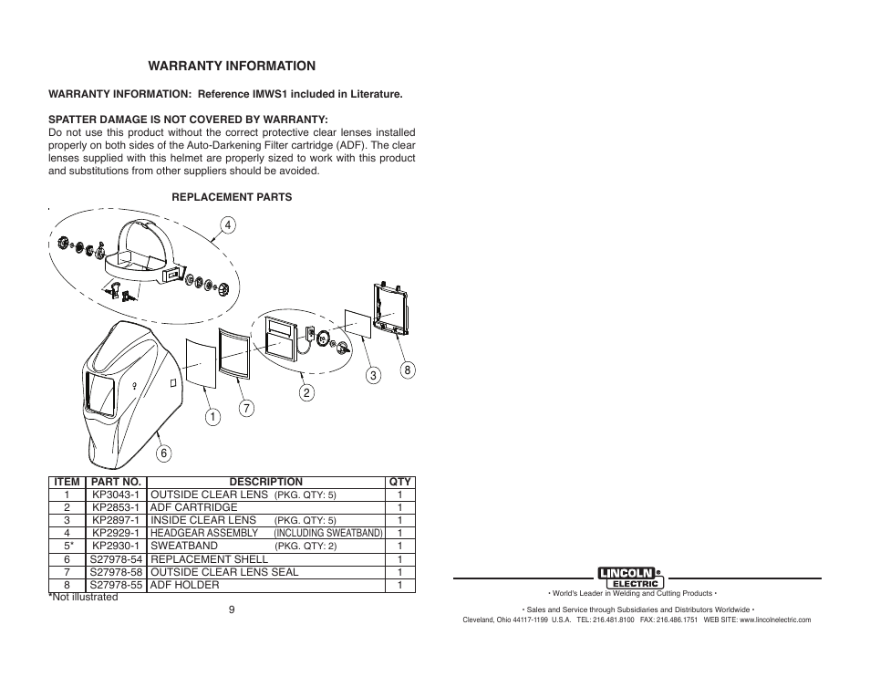 Lincoln Electric IM10082 VIKING 1840 SERIES AUTO-DARKENING HELMETS User Manual | Page 11 / 12