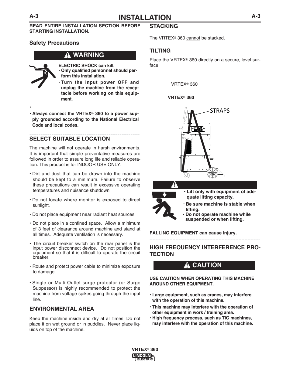 Installation, Warning caution, Warning | Straps | Lincoln Electric IM10046 VRTEX 360 User Manual | Page 13 / 65