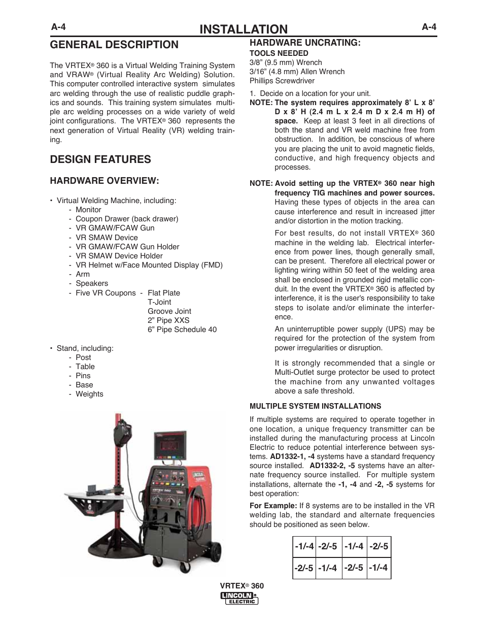 Installation, General description, Design features | Lincoln Electric IM10046 VRTEX 360 User Manual | Page 14 / 65