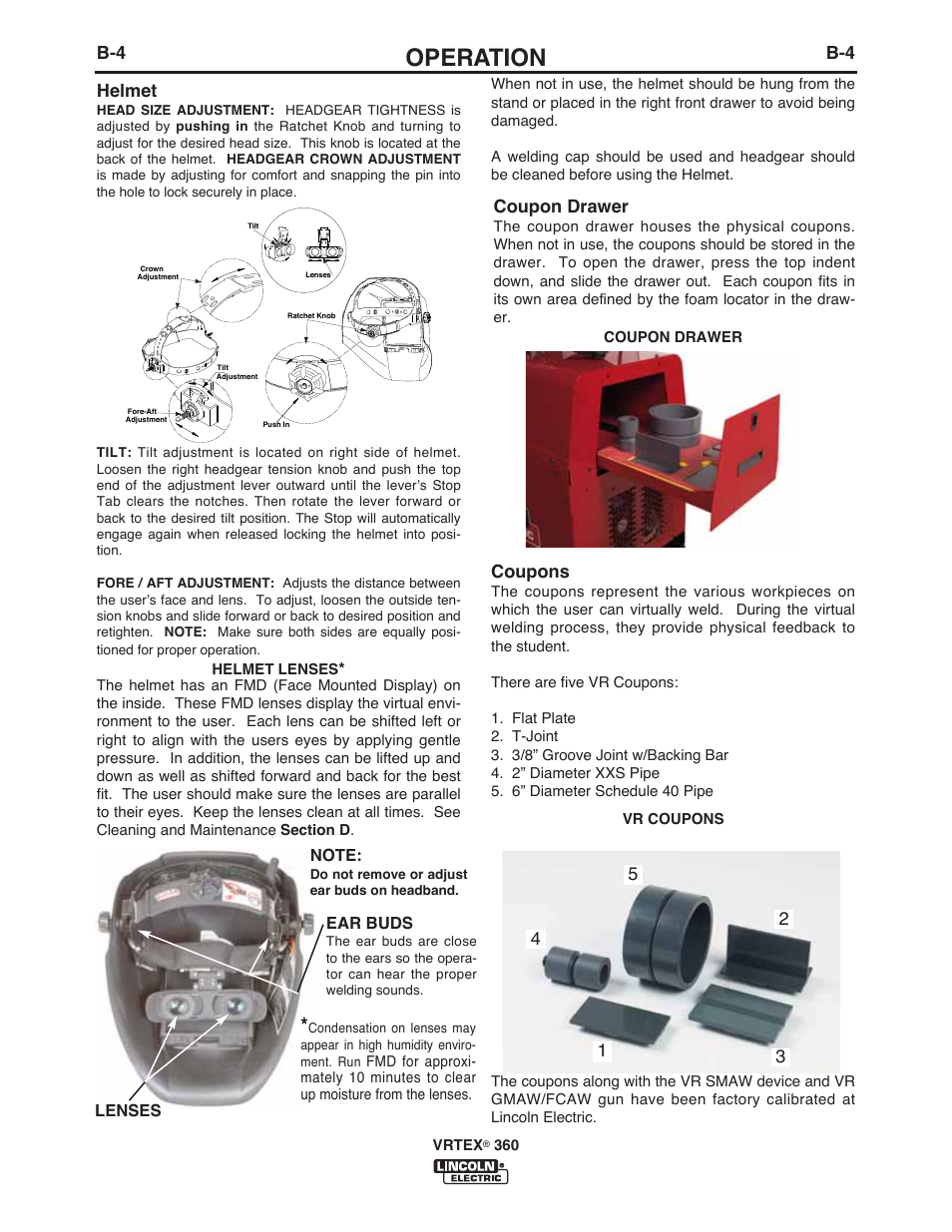 Operation, Helmet, Coupon drawer | Coupons | Lincoln Electric IM10046 VRTEX 360 User Manual | Page 21 / 65