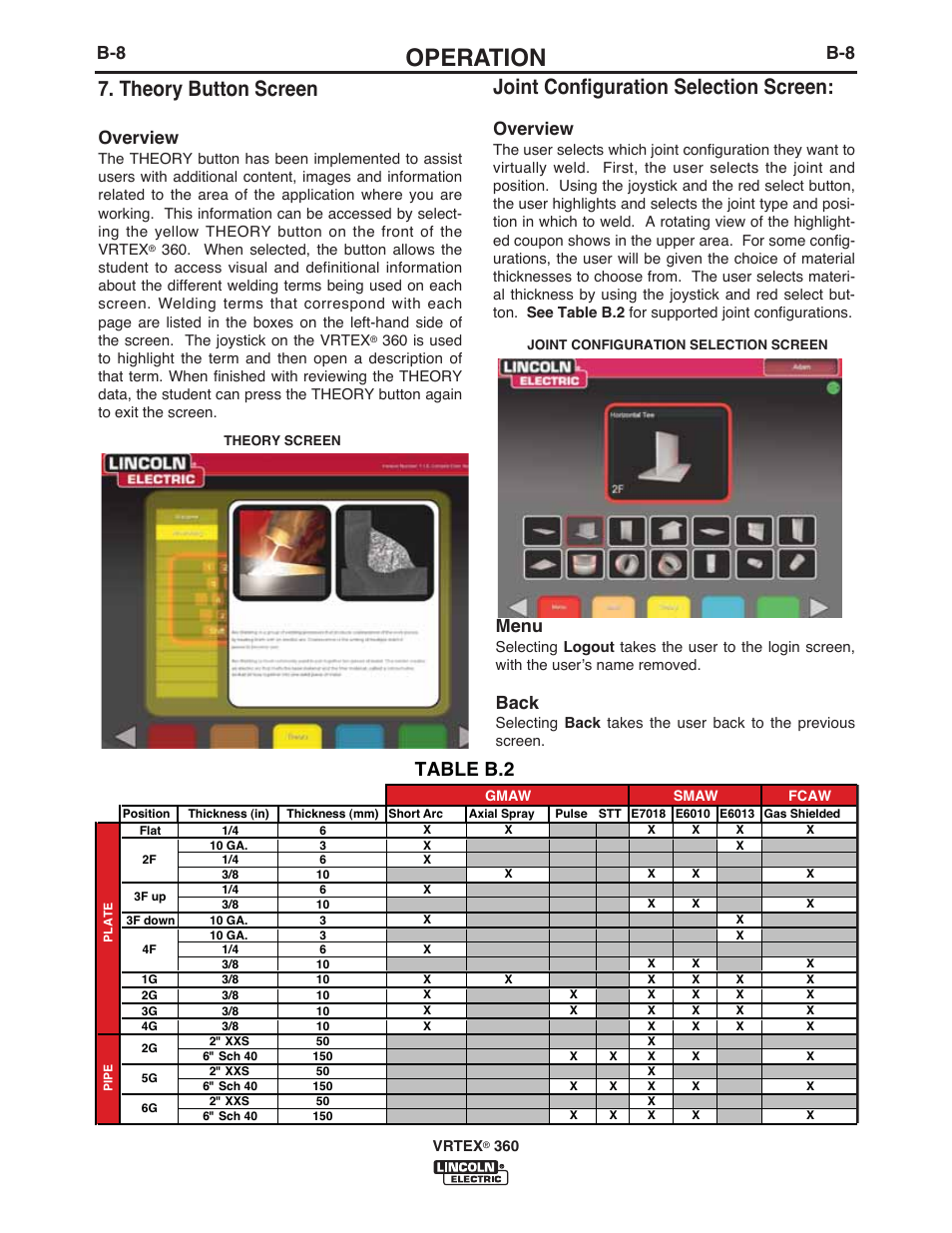 Operation, Joint configuration selection screen, Theory button screen | Table b.2, Overview, Menu, Back | Lincoln Electric IM10046 VRTEX 360 User Manual | Page 25 / 65