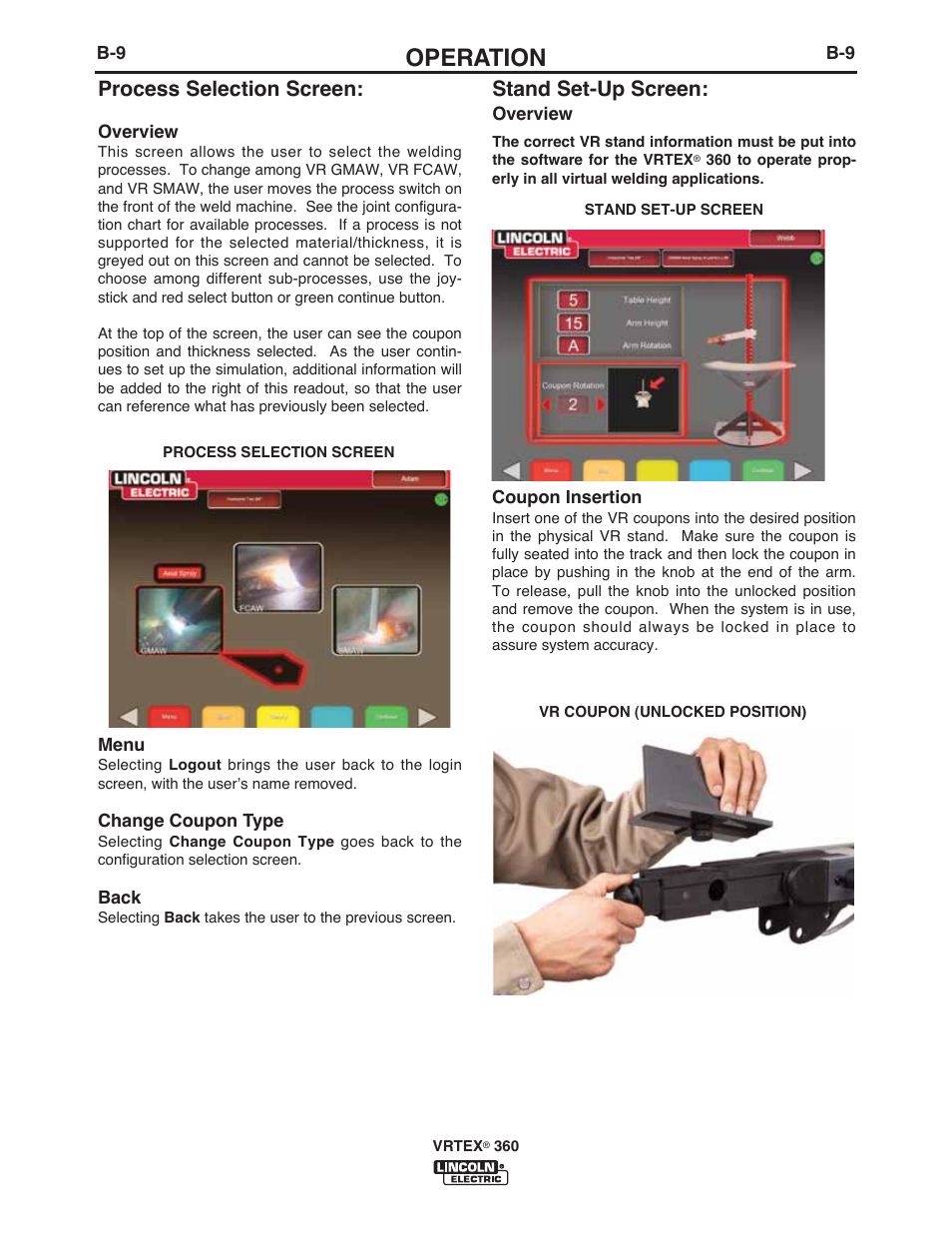 Operation, Process selection screen, Stand set-up screen | Lincoln Electric IM10046 VRTEX 360 User Manual | Page 26 / 65