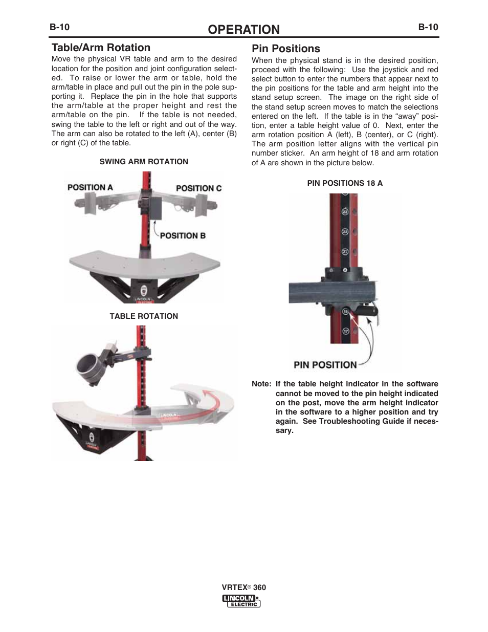 Operation, Table/arm rotation, Pin positions | Lincoln Electric IM10046 VRTEX 360 User Manual | Page 27 / 65