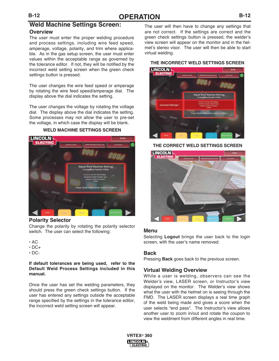 Operation, Weld machine settings screen | Lincoln Electric IM10046 VRTEX 360 User Manual | Page 29 / 65