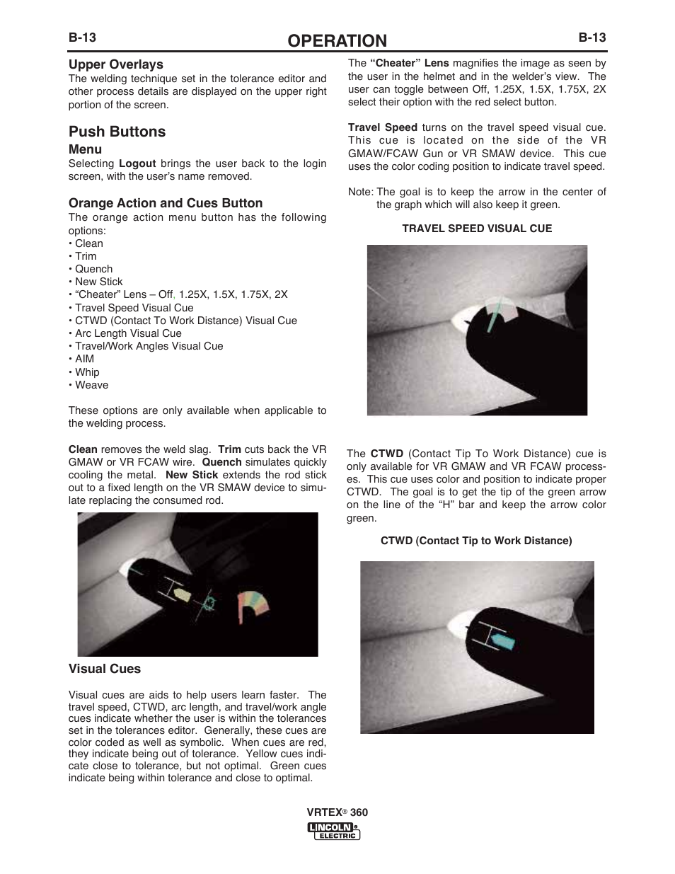 Operation, Push buttons | Lincoln Electric IM10046 VRTEX 360 User Manual | Page 30 / 65