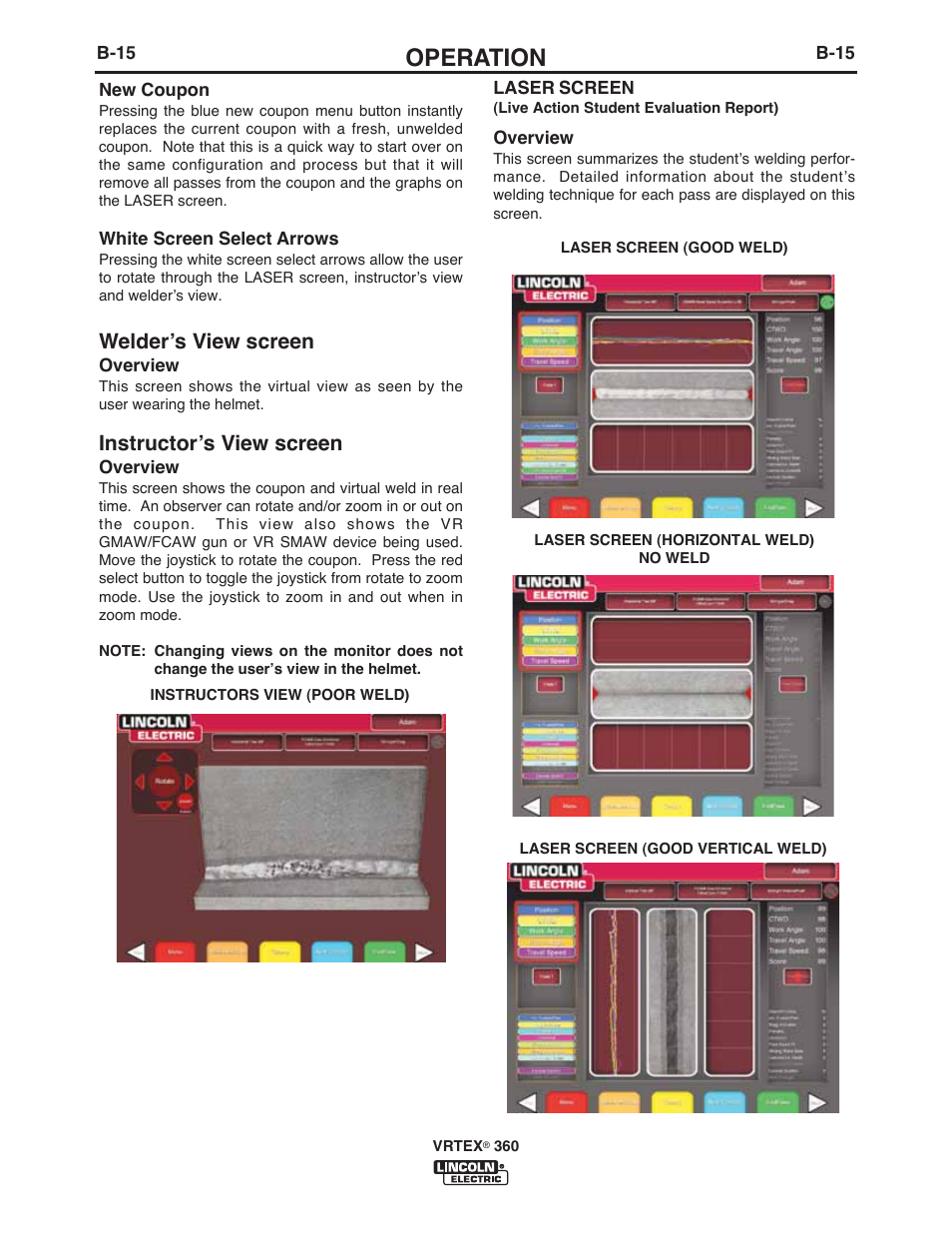 Operation, Welderʼs view screen, Instructorʼs view screen | Lincoln Electric IM10046 VRTEX 360 User Manual | Page 32 / 65