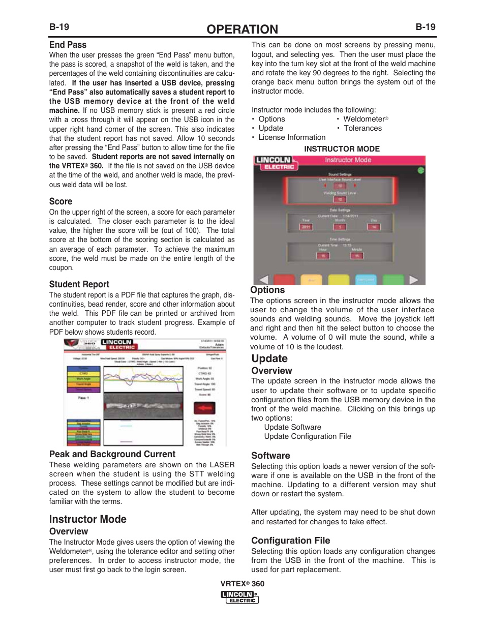 Operation, Instructor mode, Update | Lincoln Electric IM10046 VRTEX 360 User Manual | Page 36 / 65