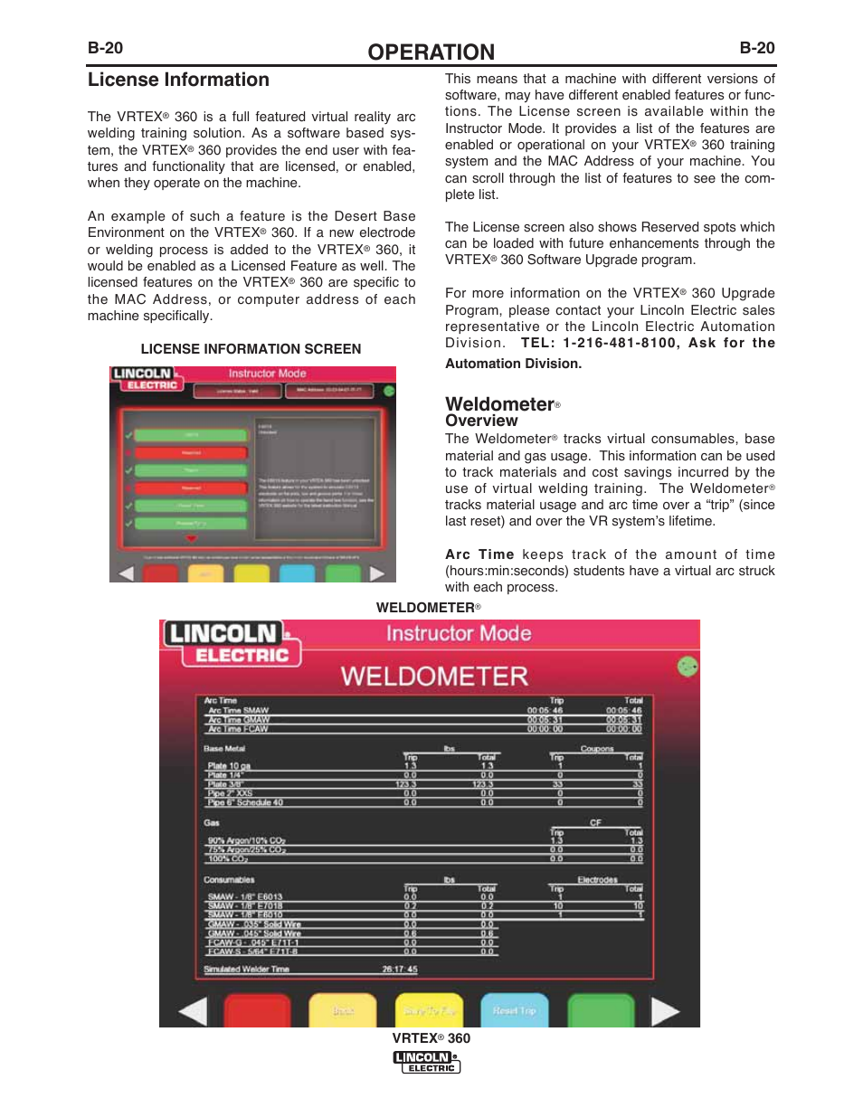 Operation, Weldometer, License information | B-20, Overview | Lincoln Electric IM10046 VRTEX 360 User Manual | Page 37 / 65