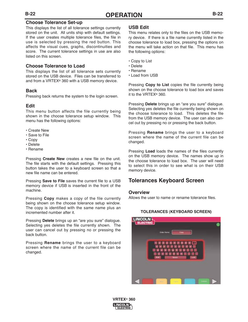 Operation, Tolerances keyboard screen | Lincoln Electric IM10046 VRTEX 360 User Manual | Page 39 / 65