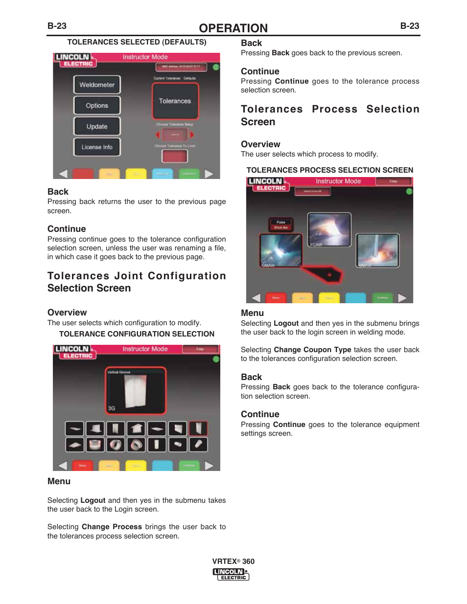 Operation, Tolerances joint configuration selection screen, Tolerances process selection screen | Lincoln Electric IM10046 VRTEX 360 User Manual | Page 40 / 65