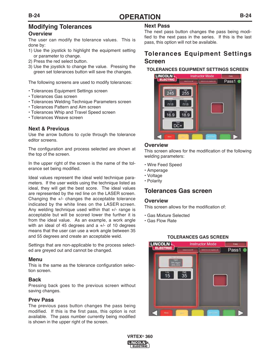 Operation, Modifying tolerances, Tolerances equipment settings screen | Tolerances gas screen | Lincoln Electric IM10046 VRTEX 360 User Manual | Page 41 / 65