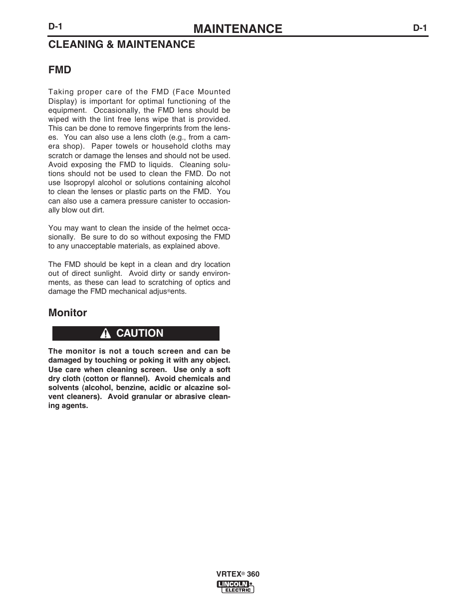 Maintenance, Cleaning & maintenance fmd, Monitor | Caution | Lincoln Electric IM10046 VRTEX 360 User Manual | Page 57 / 65