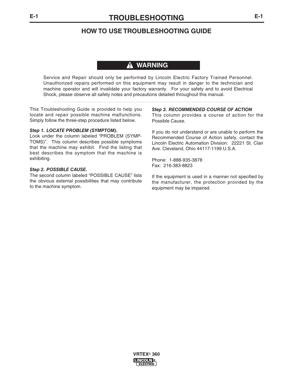 Troubleshooting, How to use troubleshooting guide, Warning | Lincoln Electric IM10046 VRTEX 360 User Manual | Page 58 / 65