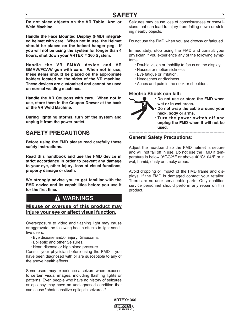 Safety, Safety precautions, Warnings | Lincoln Electric IM10046 VRTEX 360 User Manual | Page 7 / 65