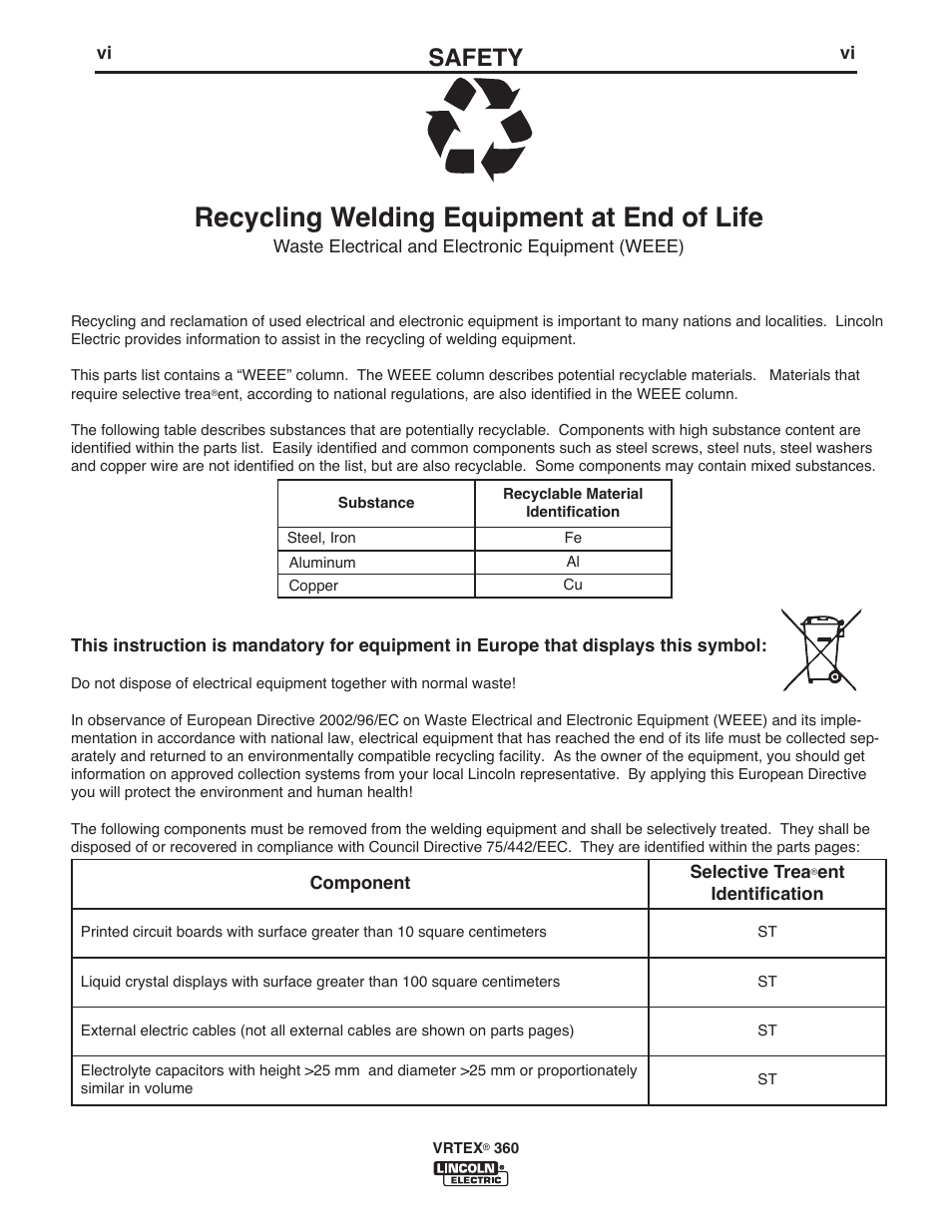 Recycling welding equipment at end of life, Recycling, Weee in europe | Safety | Lincoln Electric IM10046 VRTEX 360 User Manual | Page 8 / 65