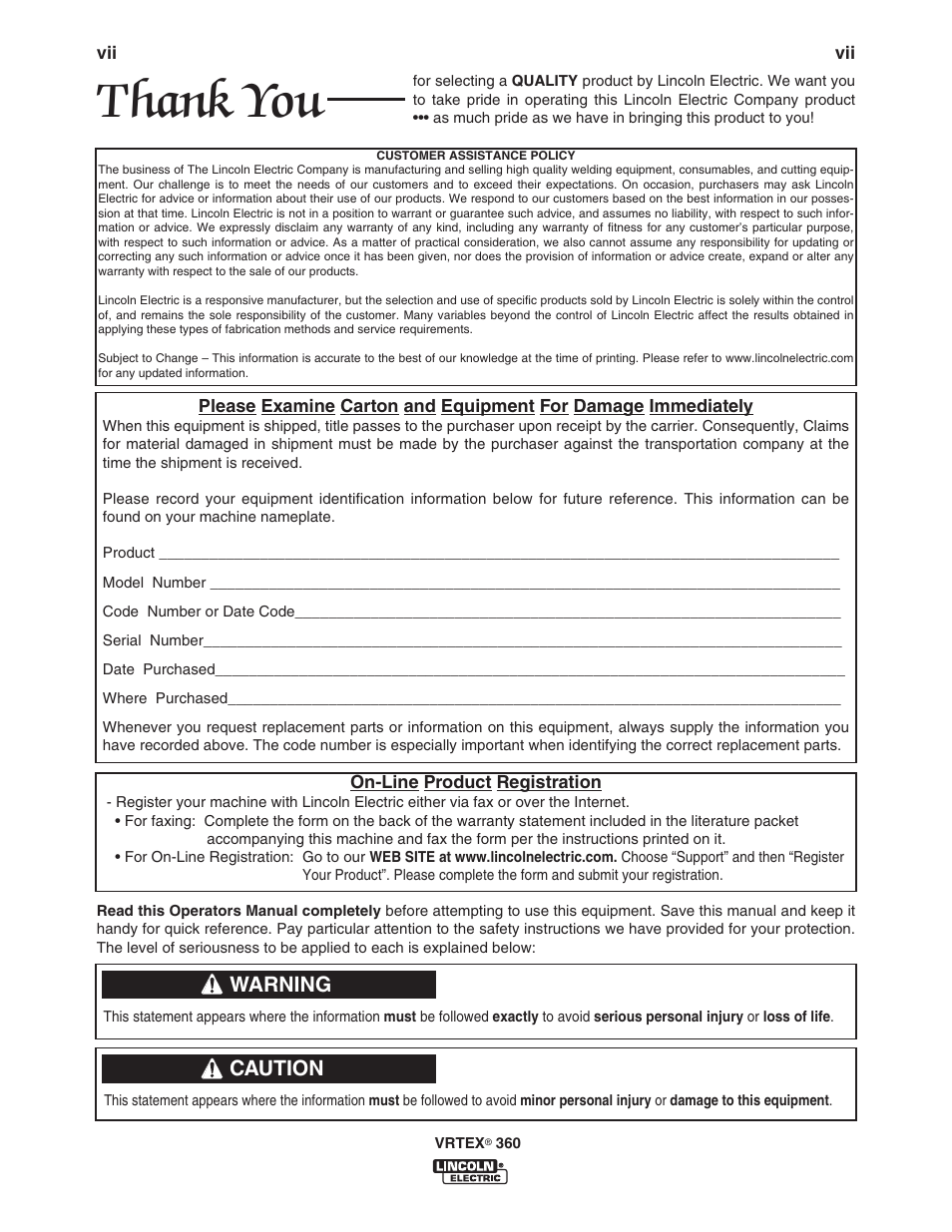 Warning, Caution | Lincoln Electric IM10046 VRTEX 360 User Manual | Page 9 / 65