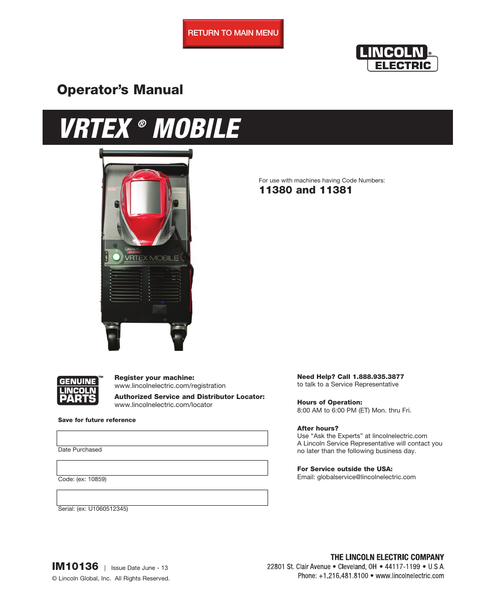 Lincoln Electric IM10136 VRTEX MOBILE User Manual | 53 pages