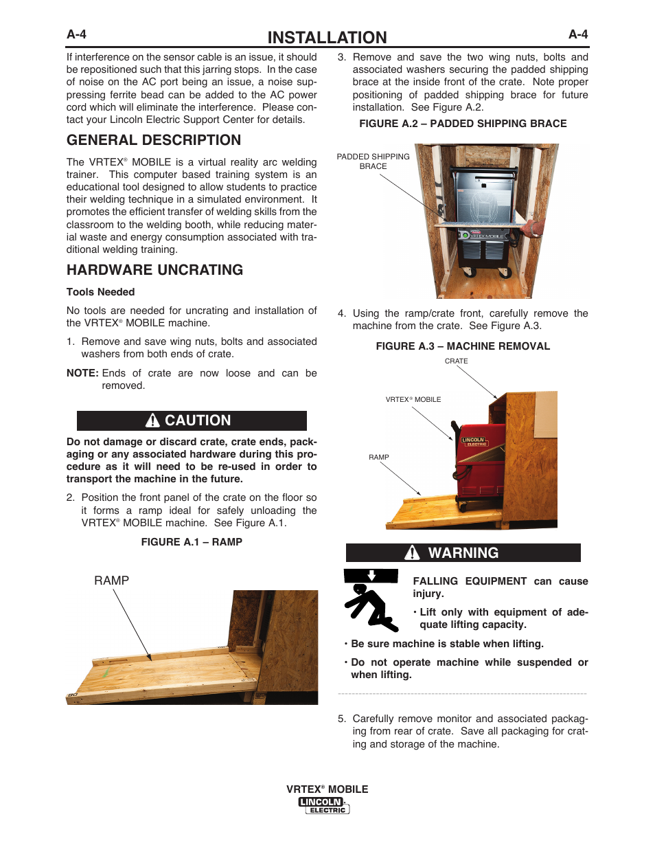 Installation, General description, Hardware uncrating | Caution, Warning | Lincoln Electric IM10136 VRTEX MOBILE User Manual | Page 11 / 53