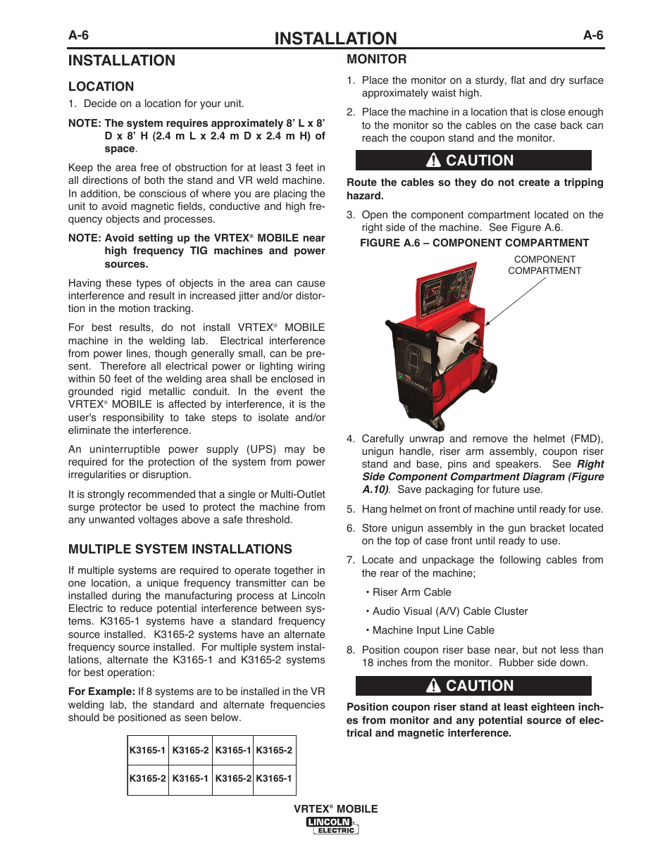 Installation, Caution | Lincoln Electric IM10136 VRTEX MOBILE User Manual | Page 13 / 53