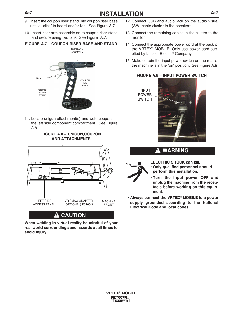 Installation, Caution, Warning | Lincoln Electric IM10136 VRTEX MOBILE User Manual | Page 14 / 53