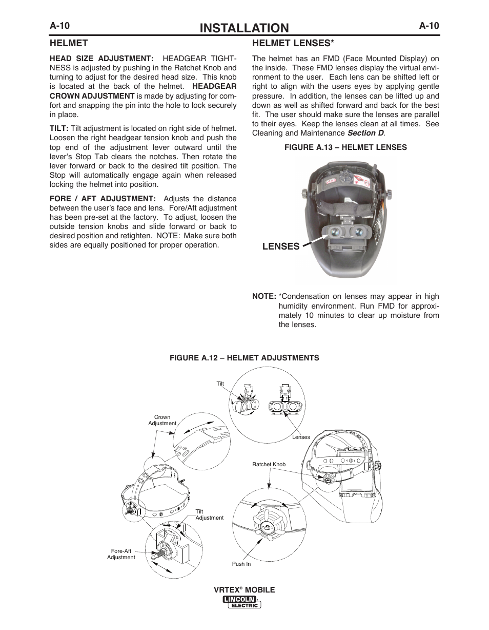 Installation, A-10, A-10 helmet | Helmet lenses, Lenses | Lincoln Electric IM10136 VRTEX MOBILE User Manual | Page 17 / 53