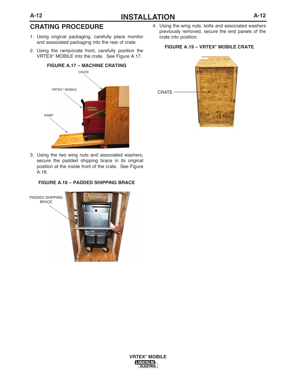 Installation, Crating procedure, A-12 | Lincoln Electric IM10136 VRTEX MOBILE User Manual | Page 19 / 53